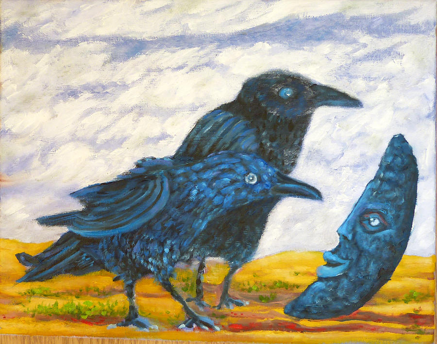 Ravens and the moon Painting by Elzbieta Goszczycka
