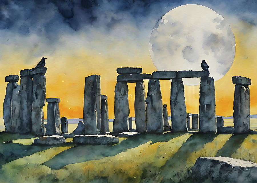Crow Mixed Media - Ravens at Stonehenge on Full Moon by Lyra OBrien