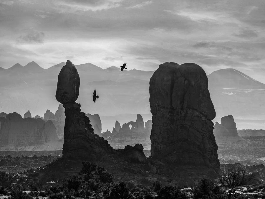 Ravens over Balanced Rock, Windows Area,  Photograph by Tim Fitzharris