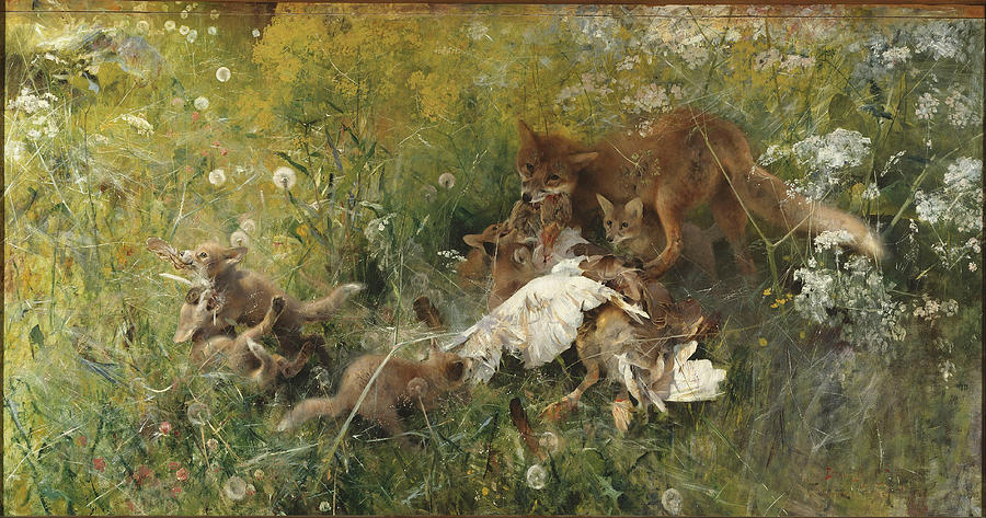 Bruno Andreas Liljefors Painting - Ravfamilj A Fox Family. Date/Period 1886. Painting. Oil on canvas. by Bruno Liljefors
