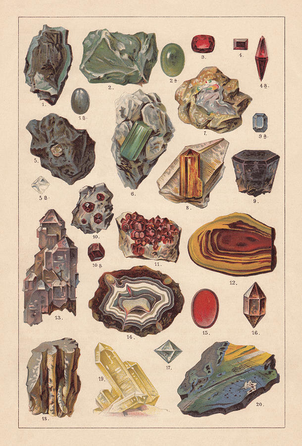 Raw gemstones, lithograph, published in 1893 Drawing by Zu_09