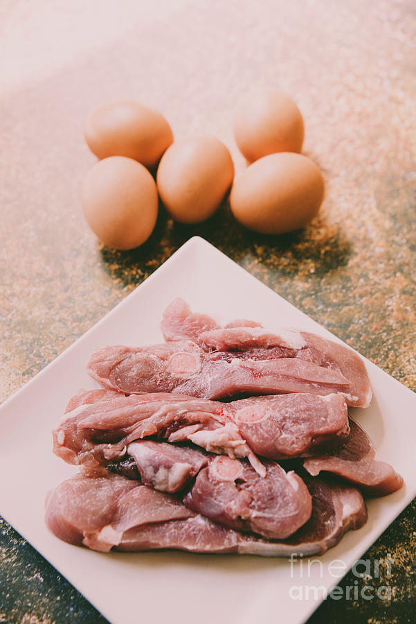 Raw Meat And Eggs For Cooking Photograph