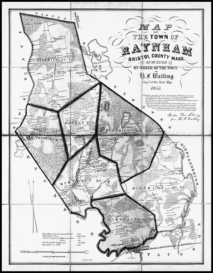 Raynham Massachusetts Vintage Map 1855 Black and White Photograph by ...