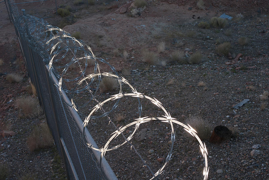 Razor wire on a fence on the coast Photograph by Fotosearch