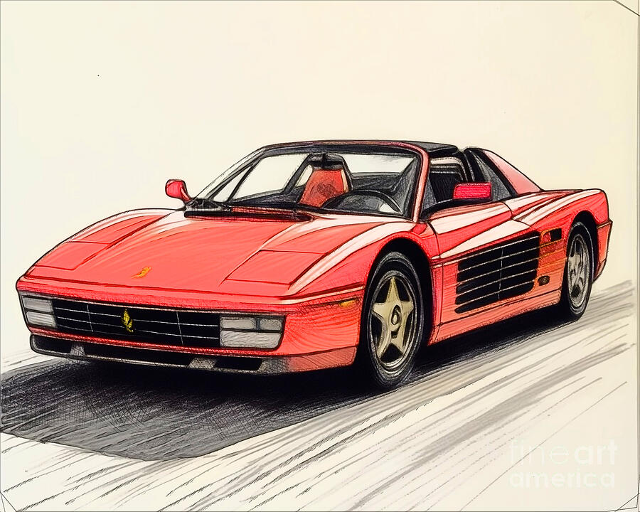 Sports Car Drawing - Re15628 1986 Ferrari Testarossa Spider by Lisa Sandra