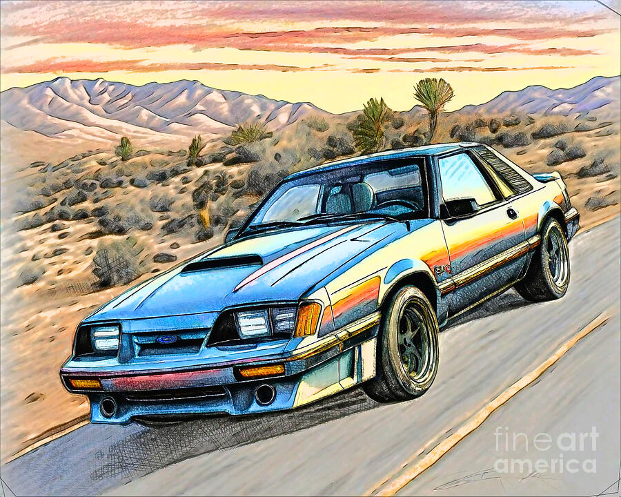 Sunset Drawing - Re15629 1986 Ford Mustang SVO by Lisa Sandra