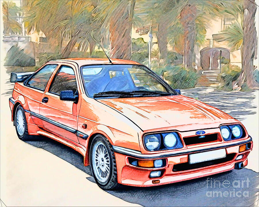 Classic Car Drawing - Re15641 1987 Ford Sierra RS500 Cosworth by Lisa Sandra