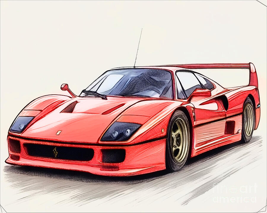 Sports Car Drawing - Re15661 1989 Ferrari F40 LM by Lisa Sandra
