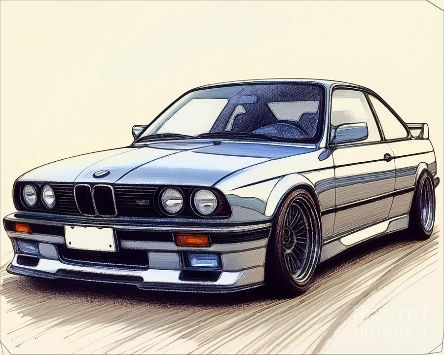 Classic Car Drawing - Re15696 1992 BMW M3 Coupe by Lisa Sandra