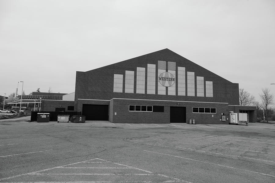 Read Fieldhouse at Western Michigan University in black and white Photograph by Eldon McGraw