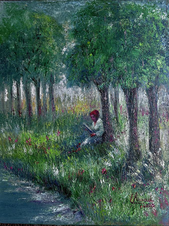 Reader under the Tree Painting by Laila Awad Jamaleldin