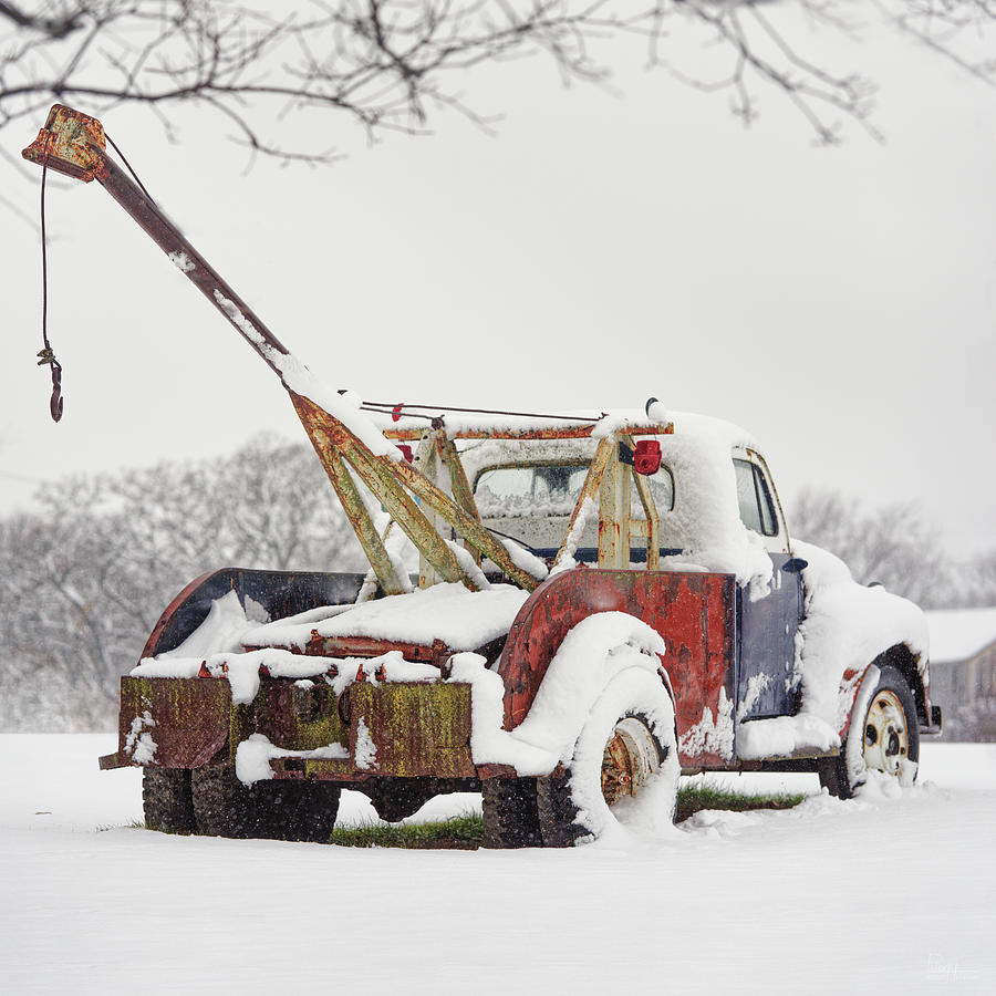 Ready for Action - Vintage tow truck at Olsons Auto Exchange near Stoughton WI Photograph by Peter Herman