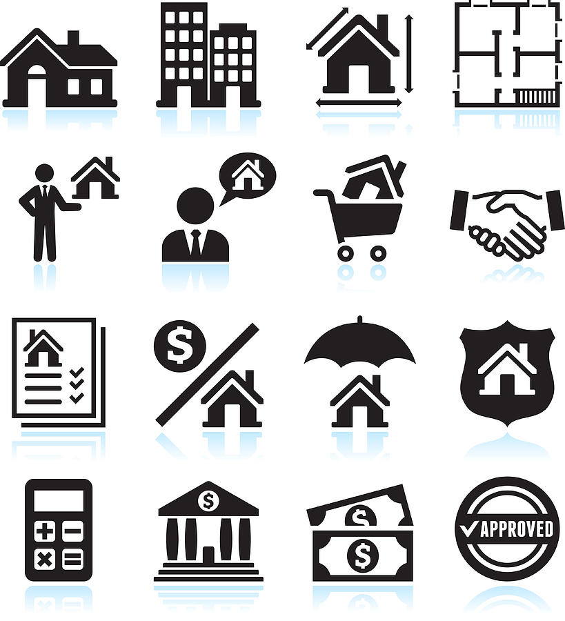 Real Estate Business black & white vector icon set Drawing by Bubaone