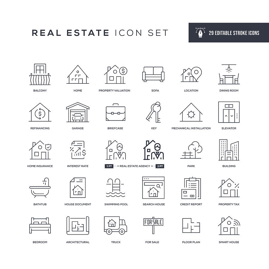 Real Estate Editable Stroke Line Icons Drawing by Enis Aksoy