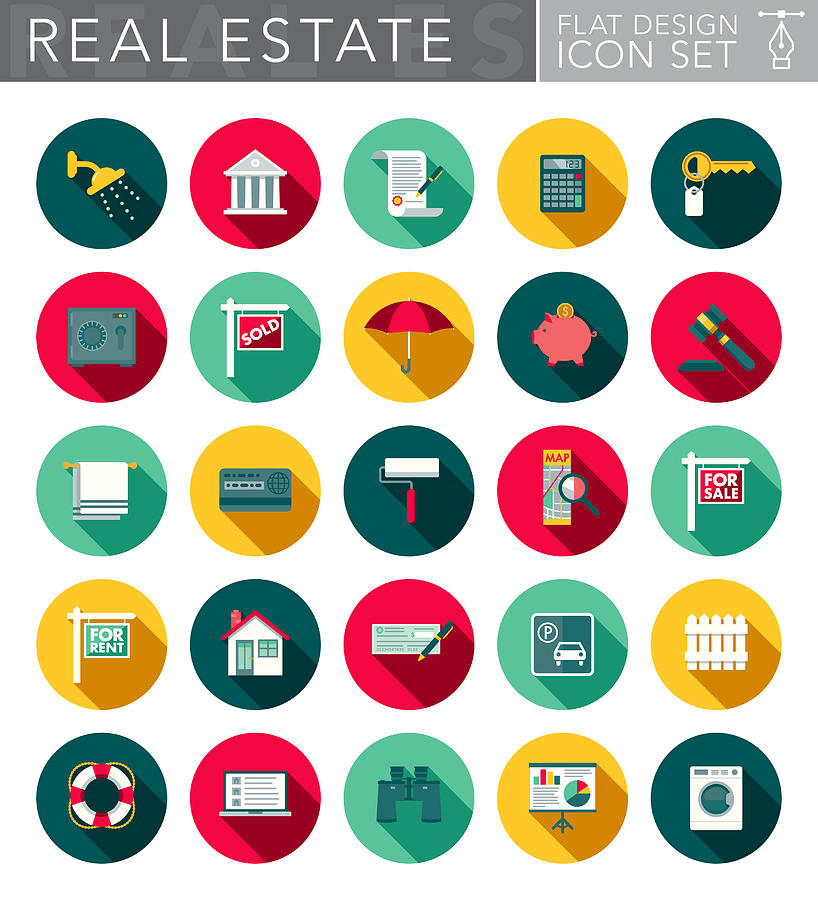 Real Estate Flat Design Icon Set with Side Shadow Drawing by Bortonia