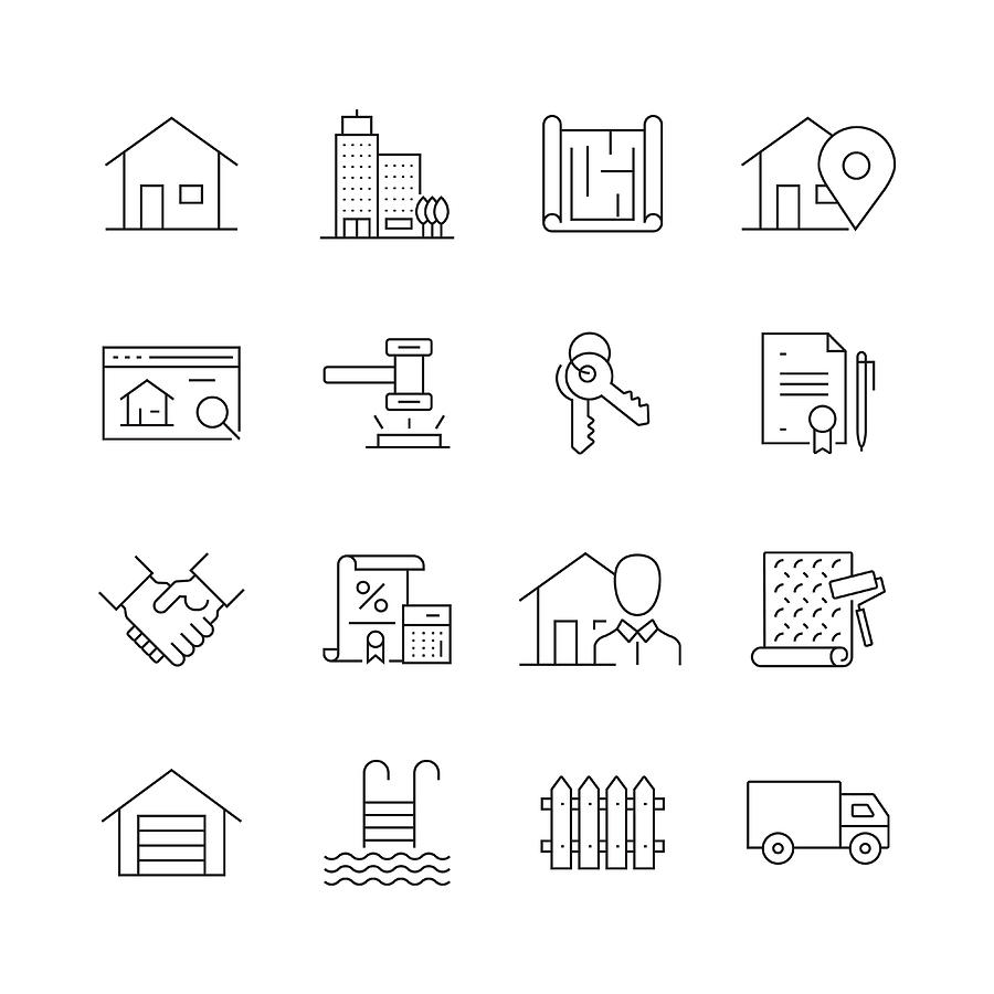 Real Estate Related - Set of Thin Line Vector Icons Drawing by Cnythzl