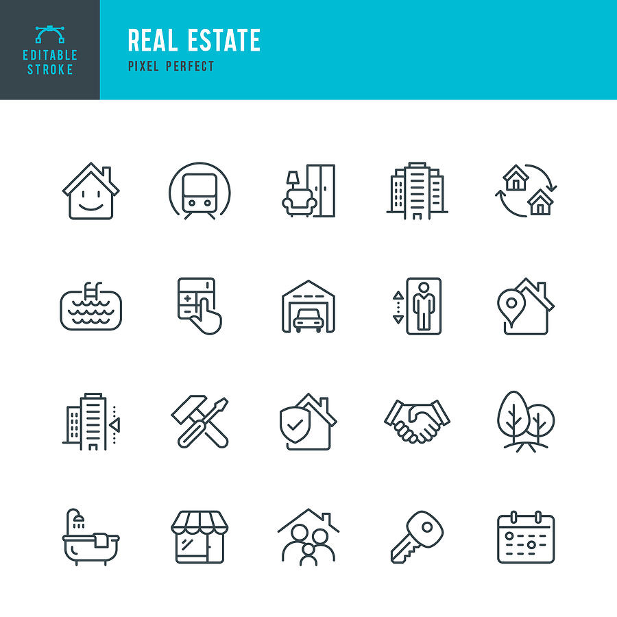 Real Estate - thin linear vector icon set. Editable stroke. Pixel perfect. The set contains icons Real Estate Agent, Home Insurance, Sale, Rent, Location, Truck. Drawing by Fonikum