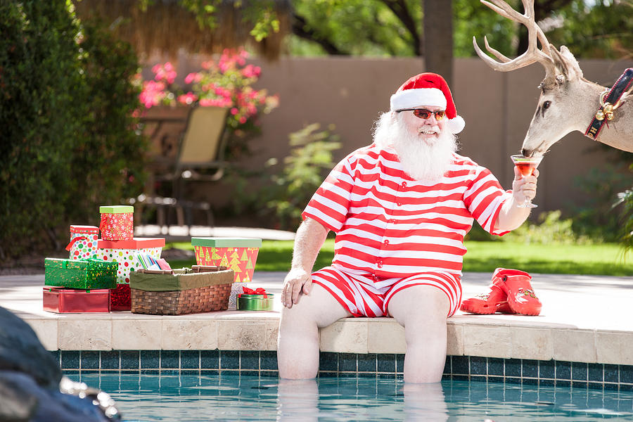 Real Santa and reindeer Relaxing by the Pool Photograph by Avid_creative