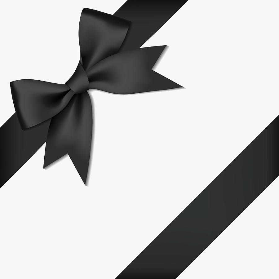 Realistic decorative shiny satin black ribbon bow and ribbon, isolated on white background Drawing by Limelight