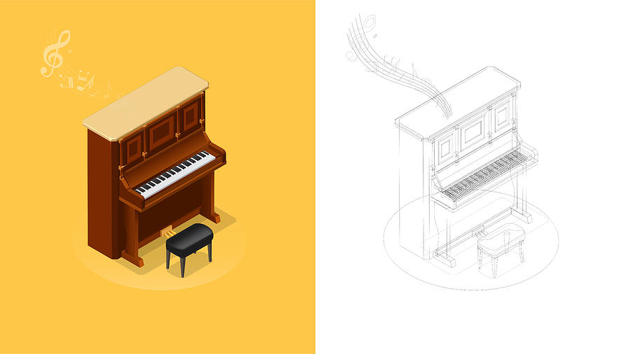 Realistic isometric illustration of vintage upright piano Drawing by Fitie