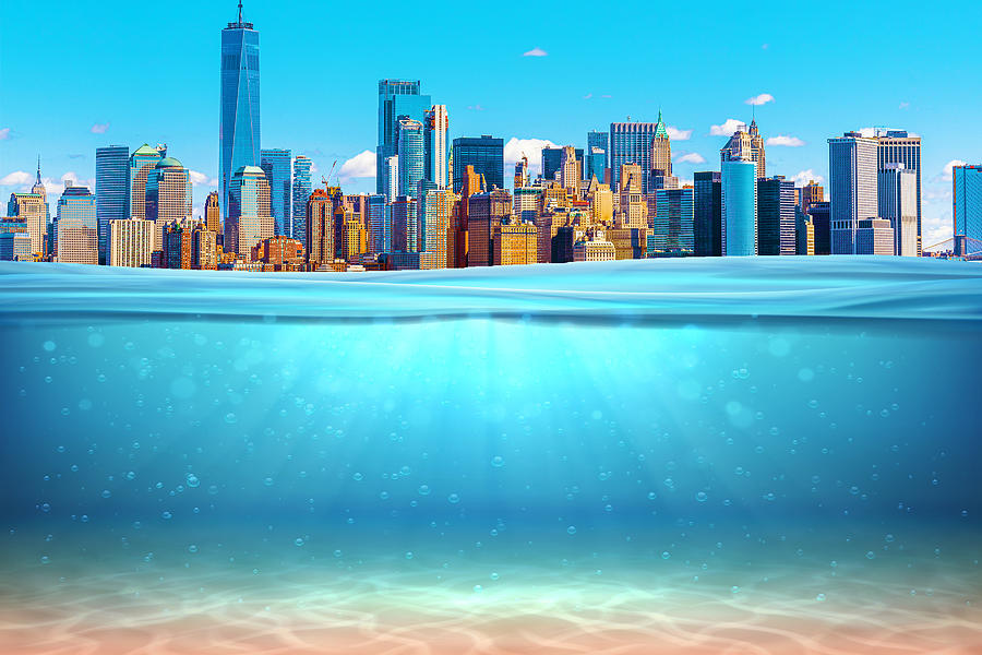 Realistic underwater background New York Manhattan Ocean deep water, sea under wat Painting by Tony Rubino