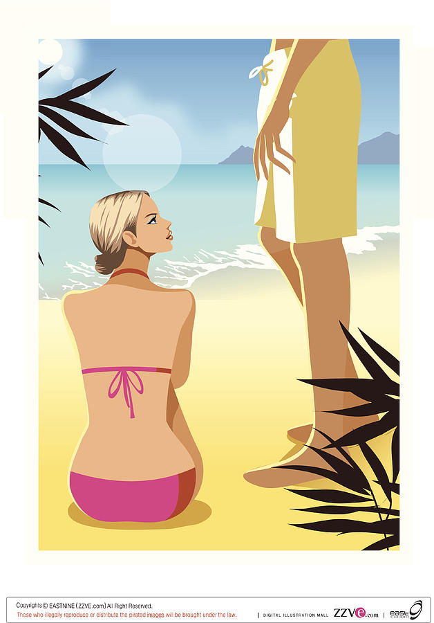 Rear view of a woman sitting on the beach with a man standing beside her Drawing by Eastnine Inc.