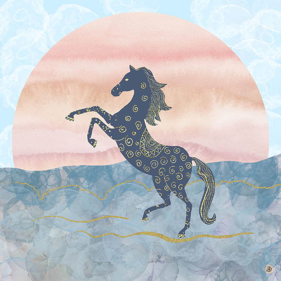 Rearing Horse in the Morning Sun - Gold Ornamental Theme Digital Art by Andreea Dumez