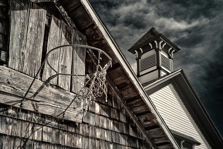 Recess Memories #2 of 2  - An old basketball hoop on a weathered Wisconsin shed at Cooksville School Photograph by Peter Herman