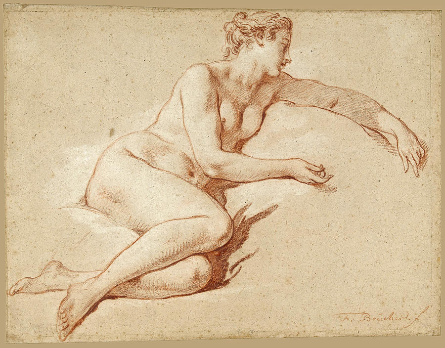 Reclining female nude to the right Drawing by Francois Boucher