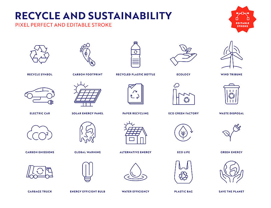 Recycle and Sustainability Icon Set with Editable Stroke and Pixel Perfect. Drawing by Esra Sen Kula