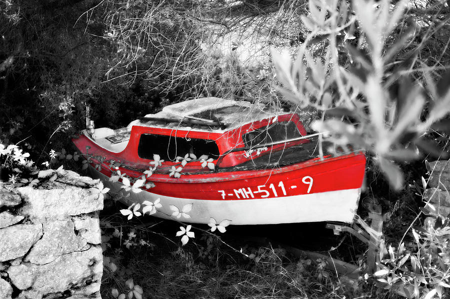 Red Abandoned Boat Photograph