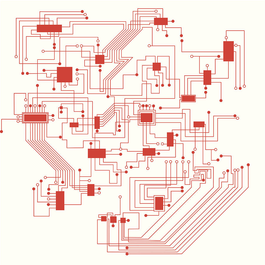 Red Abstract Circuit Board Background Drawing by Naqiewei
