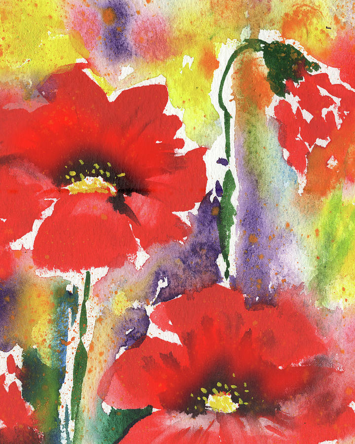Red Abstract Floral Watercolor Flowers For Interior Decor III Painting by Irina Sztukowski