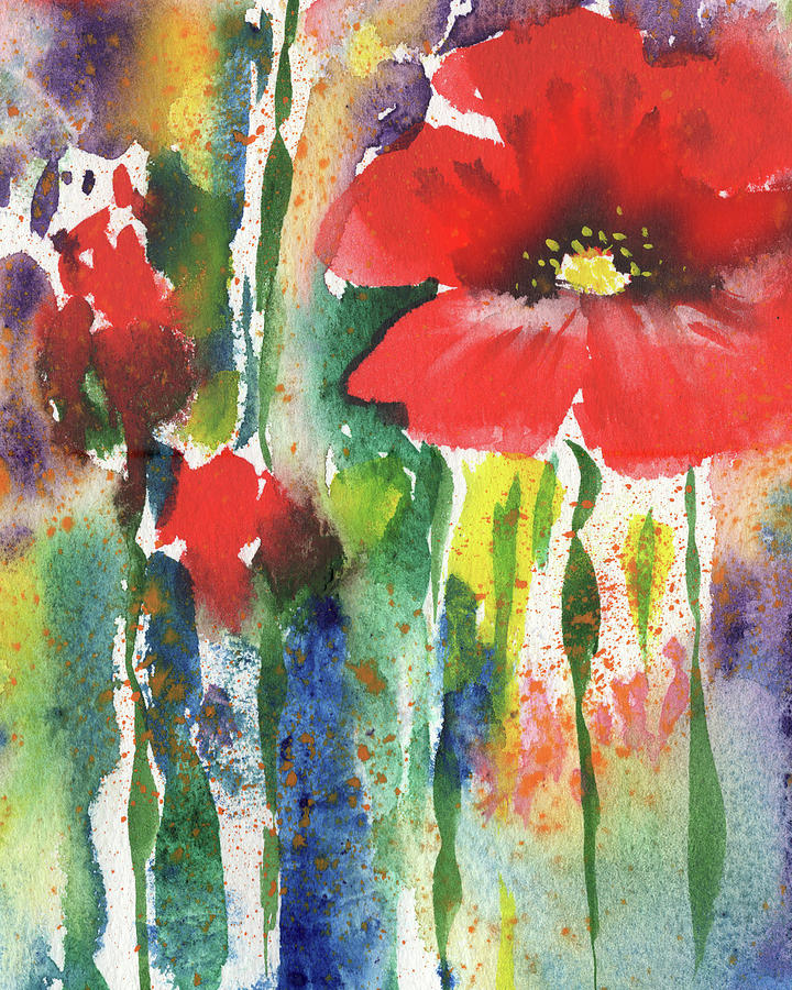 Red Abstract Floral Watercolor Flowers For Interior Decor V Painting by Irina Sztukowski