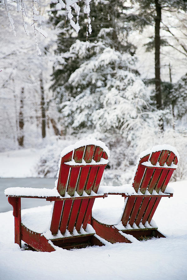 Red Adirondack Chairs in Snow  Photograph by Denise Kopko