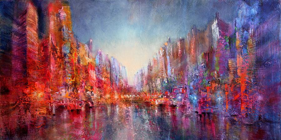 Red and blue city Painting by Annette Schmucker