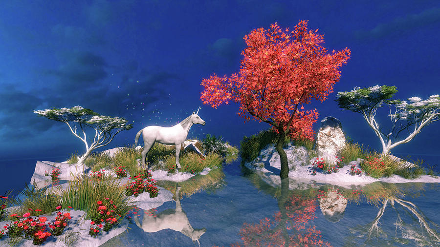Red and Blue Fantasy Landscape with Unicorn Digital Art by Matthias Hauser