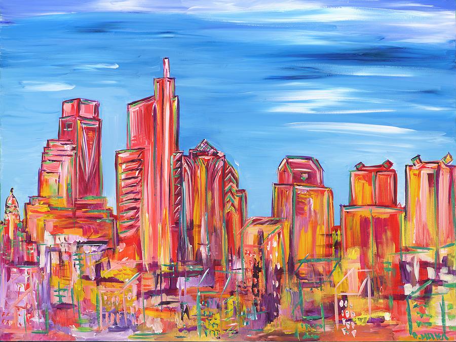 Red and Blue Philadelphia Skyline Painting by Britt Miller