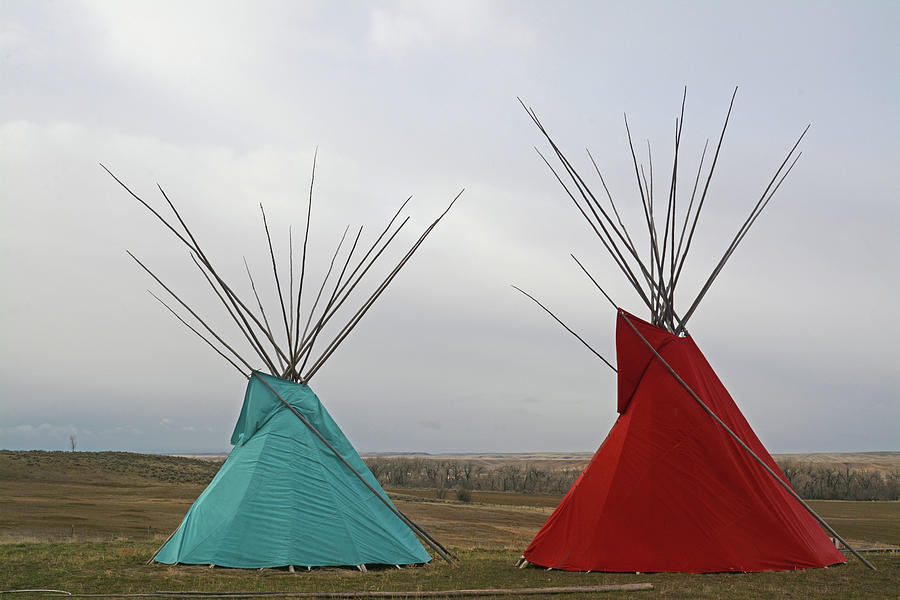 Crow Photograph - Red and Blue Tipis by Whispering Peaks Photography