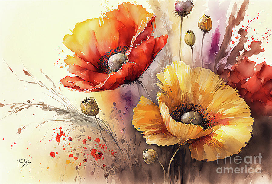 Nature Painting - Red And Gold Poppies 2 by Tina LeCour