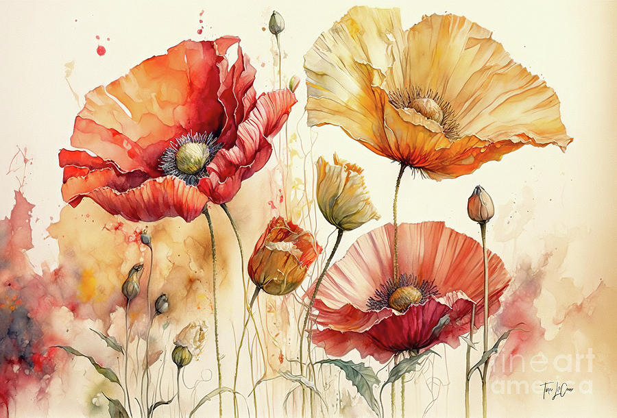Nature Painting - Red And Gold Poppies by Tina LeCour