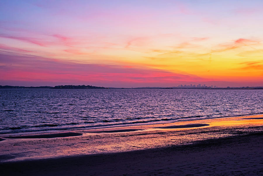 Red and Gold Sunset on Fishermans Beach Swampscott Massachusetts Boston Skyline Photograph by Toby McGuire