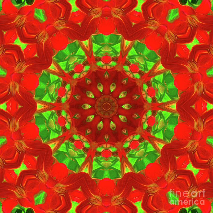 Red and Green - Abstract Lily Mandala Digital Art by Yvonne Johnstone