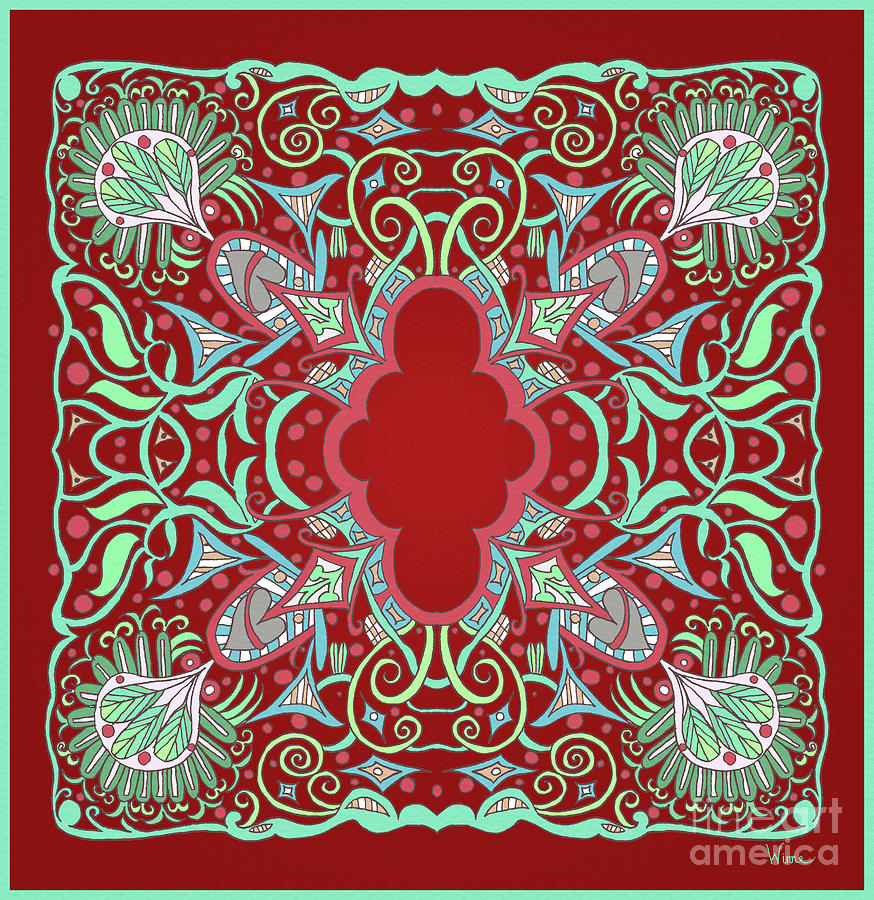 Red and Green Square Semi Abstract Design with Leaves and Leaf Fans Mixed Media by Lise Winne