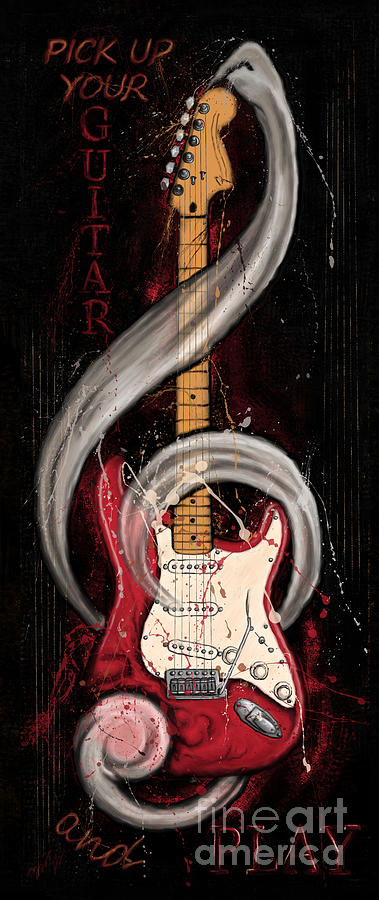 Red and ivory electric guitar, bass guitar Painting by Nadia CHEVREL