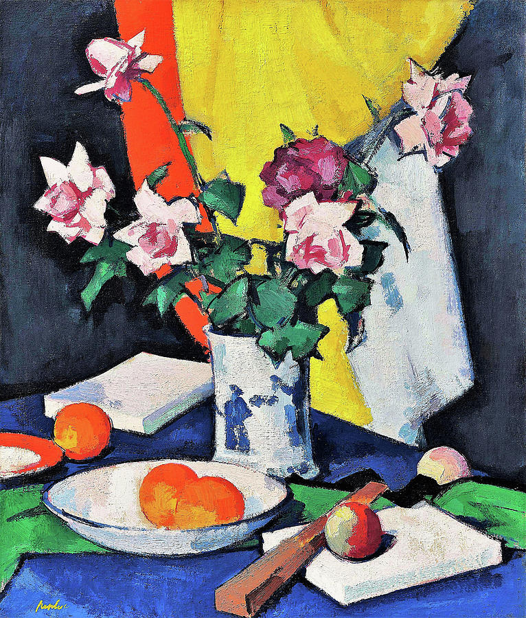 Red and pink roses, oranges and fan - Digital Remastered Edition Painting by Samuel John Peploe