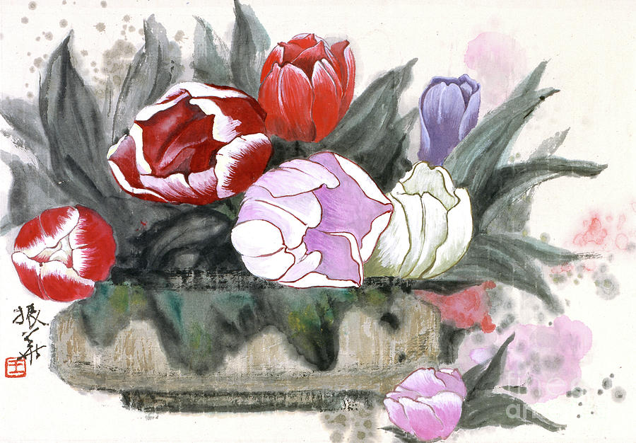 Red And Purple Tulips Painting by Wang Zhenhua