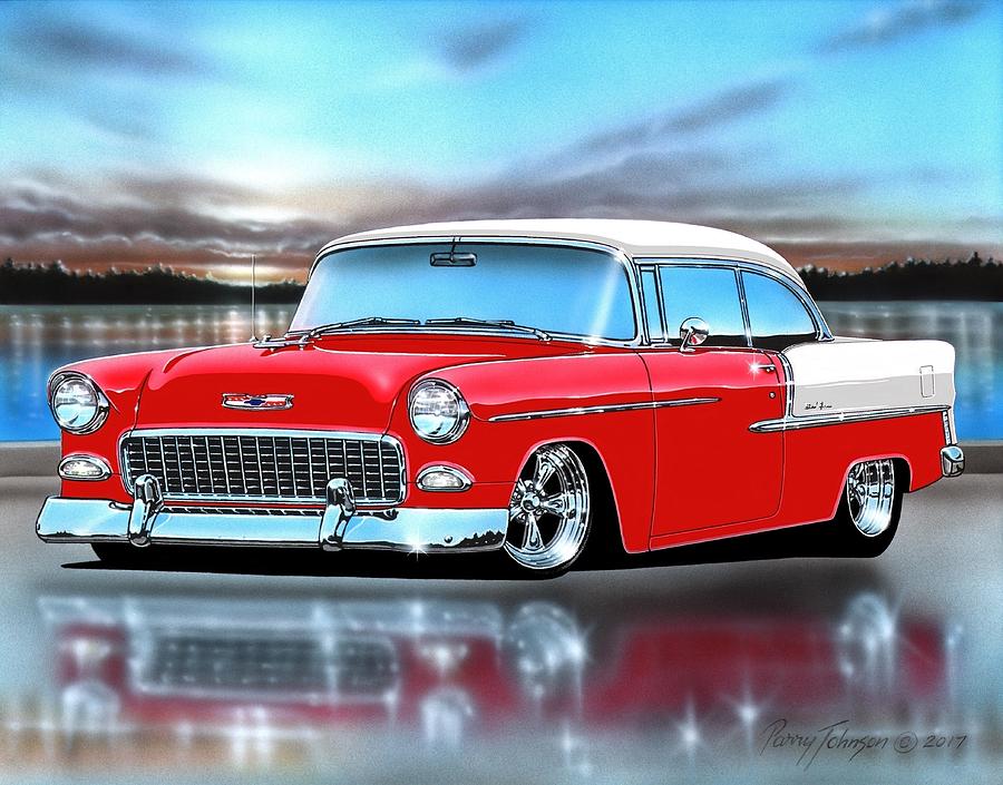 1955 Chevy Painting - Red and White 1955 Chevy Bel Air Hardtop by Parry Johnson