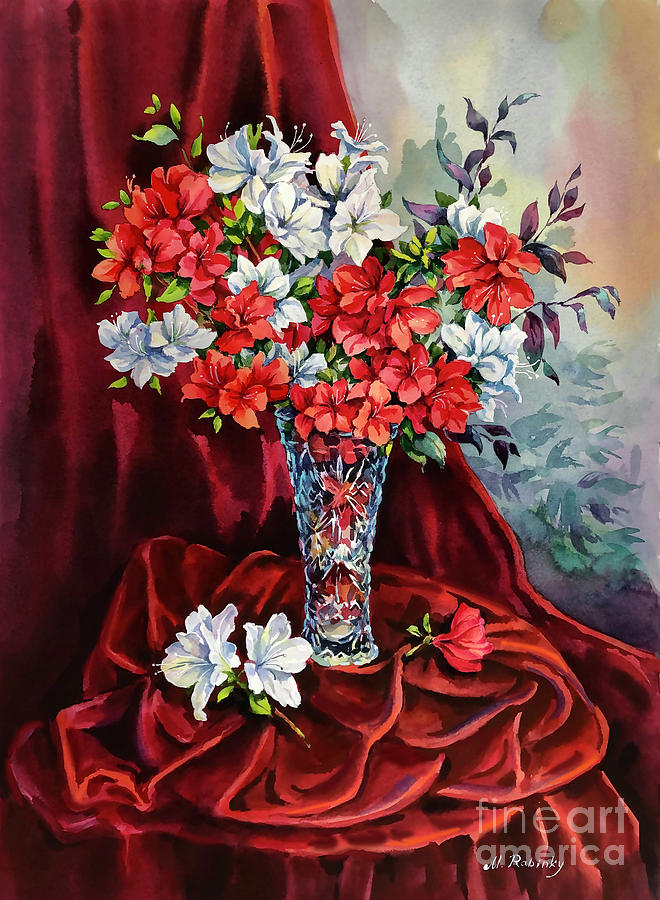 Still Life Painting - Red and White Azaleas by Maria Rabinky