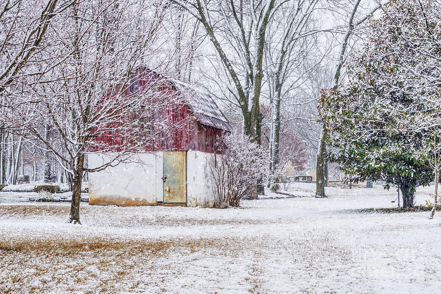 Red And White Barn Snowfall Photograph by Jennifer White